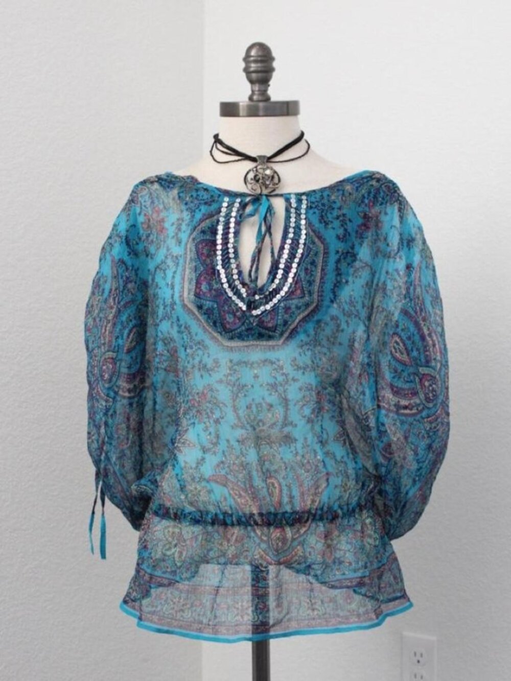 Y2k Arden B. Womens L sheer blue paisley butterfly top with cinched waist